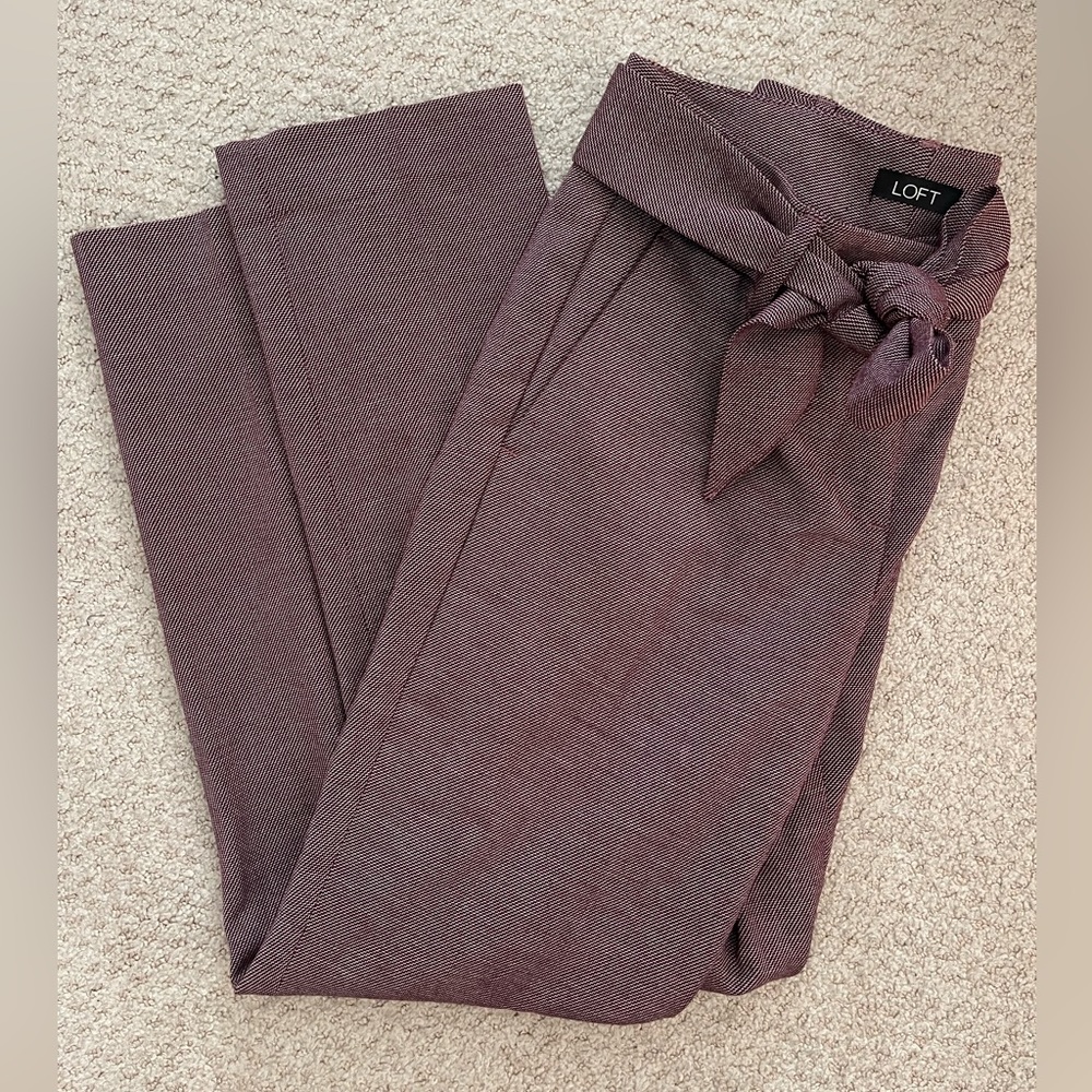 Purple straight leg pants with tie belt